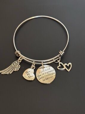 Silver Charm Memorial Bangle Bracelet - 'Dad' Heart & Wing